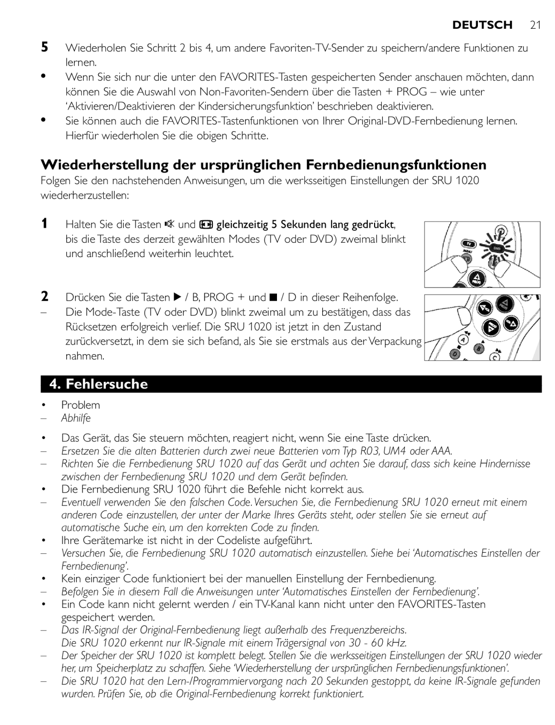 Philips SRU 1020 manual Fehlersuche, Abhilfe, Automatische Suche ein, um den korrekten Code zu finden 