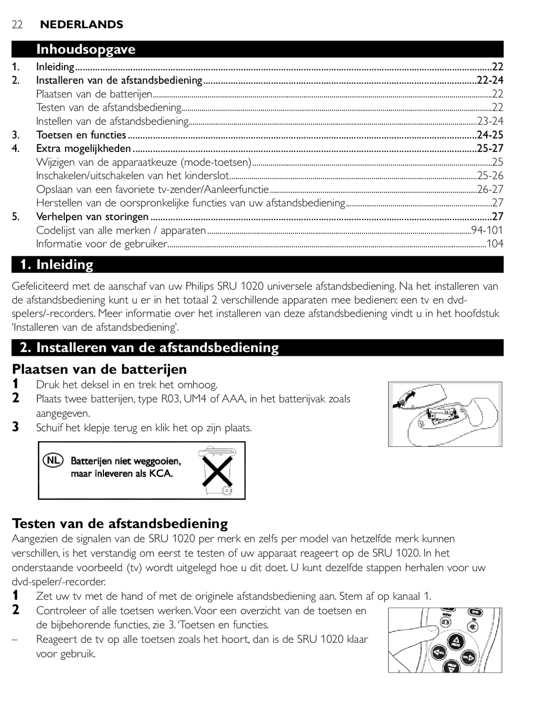 Philips SRU 1020 manual Inhoudsopgave, Inleiding, Installeren van de afstandsbediening, Plaatsen van de batterijen 