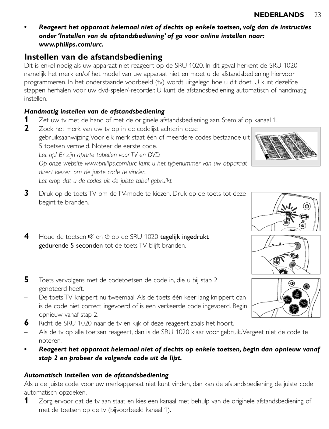 Philips SRU 1020 manual Instellen van de afstandsbediening, Handmatig instellen van de afstandsbediening 