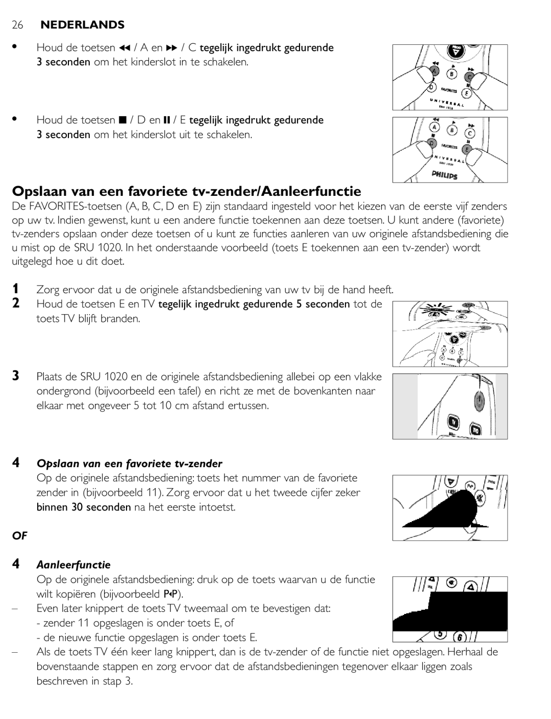 Philips SRU 1020 manual Opslaan van een favoriete tv-zender/Aanleerfunctie 