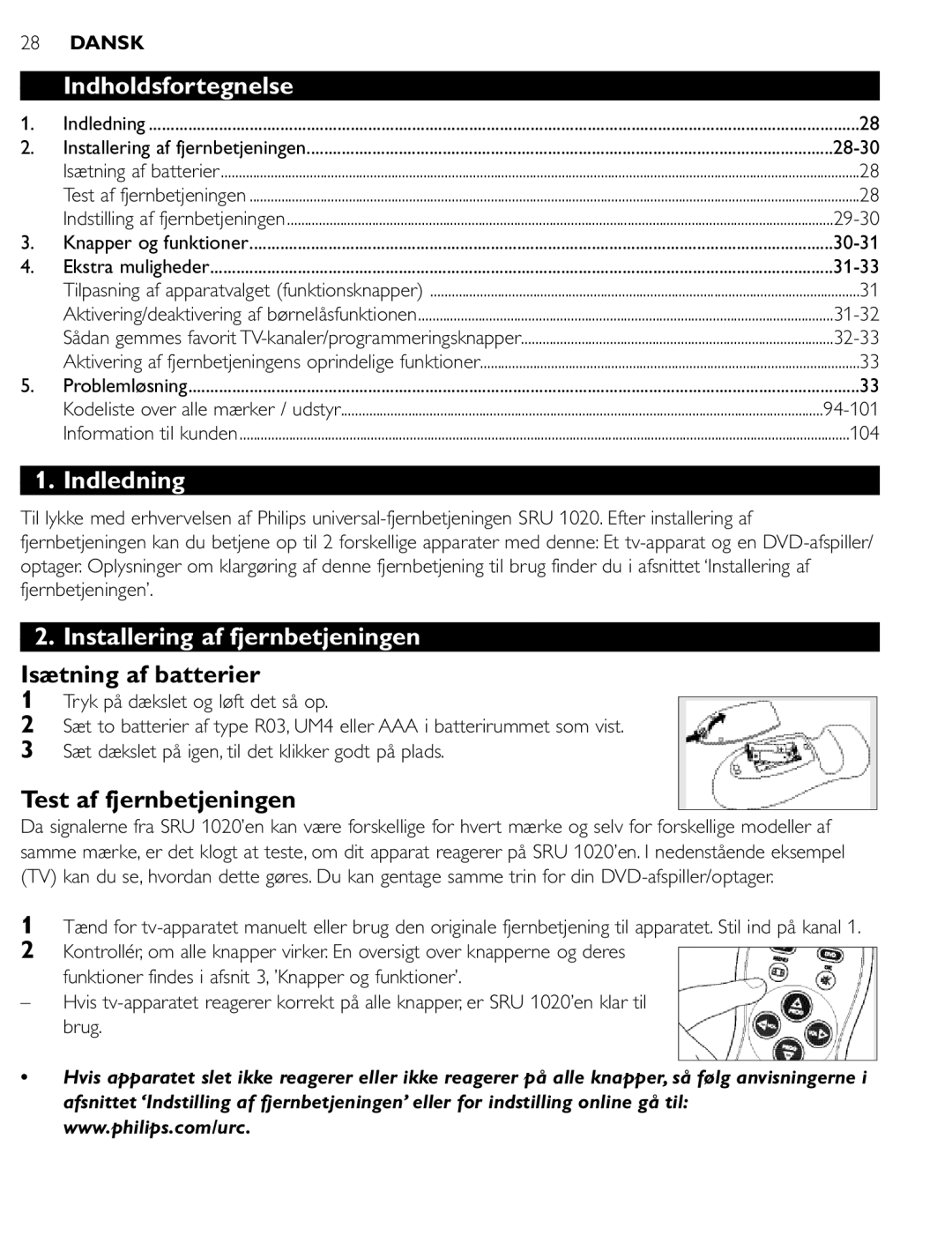 Philips SRU 1020 manual Indholdsfortegnelse, Indledning, Installering af fjernbetjeningen, Isætning af batterier 