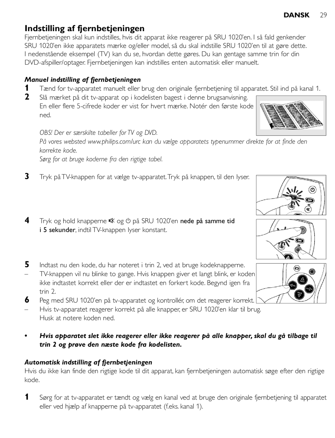 Philips SRU 1020 manual Indstilling af fjernbetjeningen, Manuel indstilling af fjernbetjeningen 