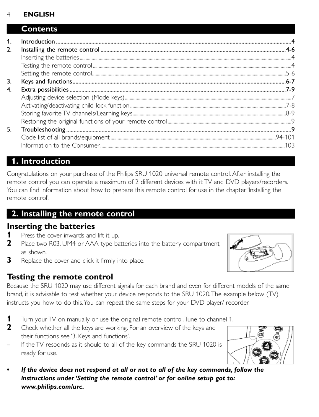 Philips SRU 1020 manual Contents, Introduction, Installing the remote control 