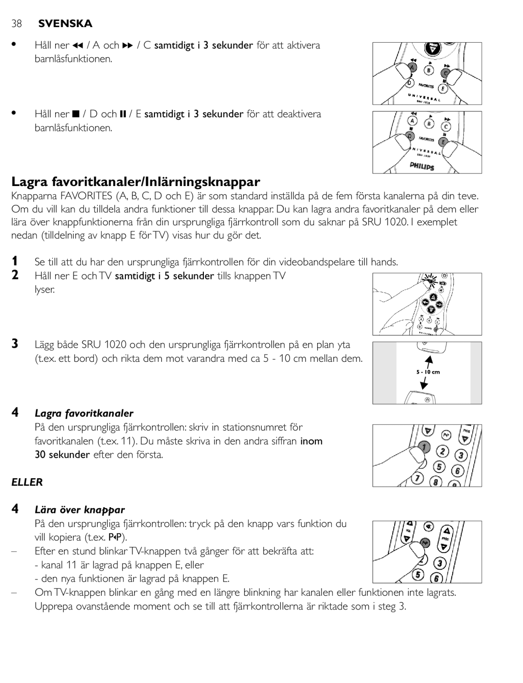 Philips SRU 1020 manual Lagra favoritkanaler/Inlärningsknappar, Lära över knappar 