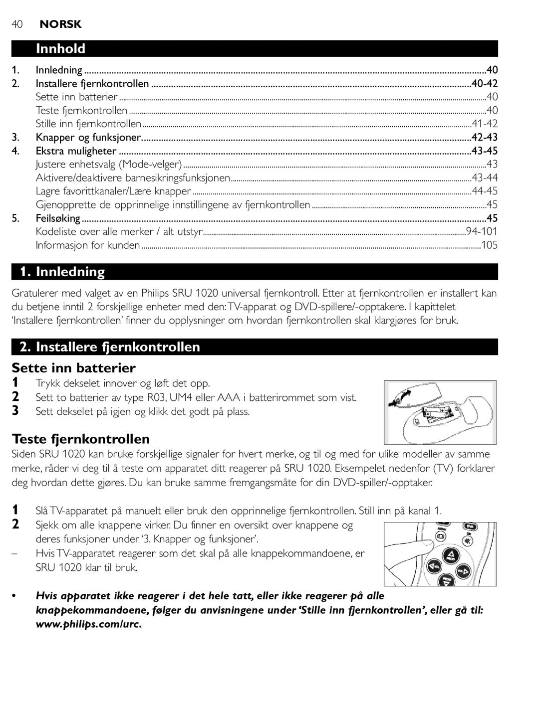 Philips SRU 1020 manual Innhold, Innledning, Installere fjernkontrollen, Sette inn batterier, Teste fjernkontrollen 