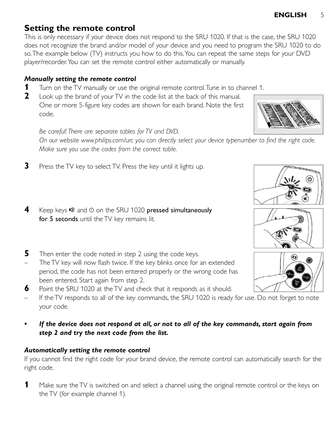 Philips SRU 1020 manual Setting the remote control, Manually setting the remote control 