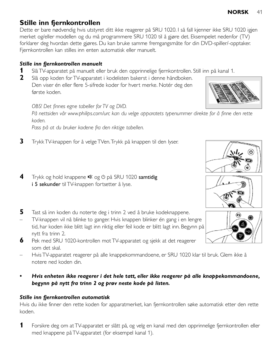 Philips SRU 1020 manual Stille inn fjernkontrollen manuelt 