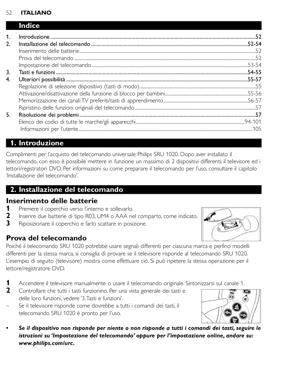 Philips SRU 1020 Indice, Introduzione, Installazione del telecomando, Inserimento delle batterie, Prova del telecomando 