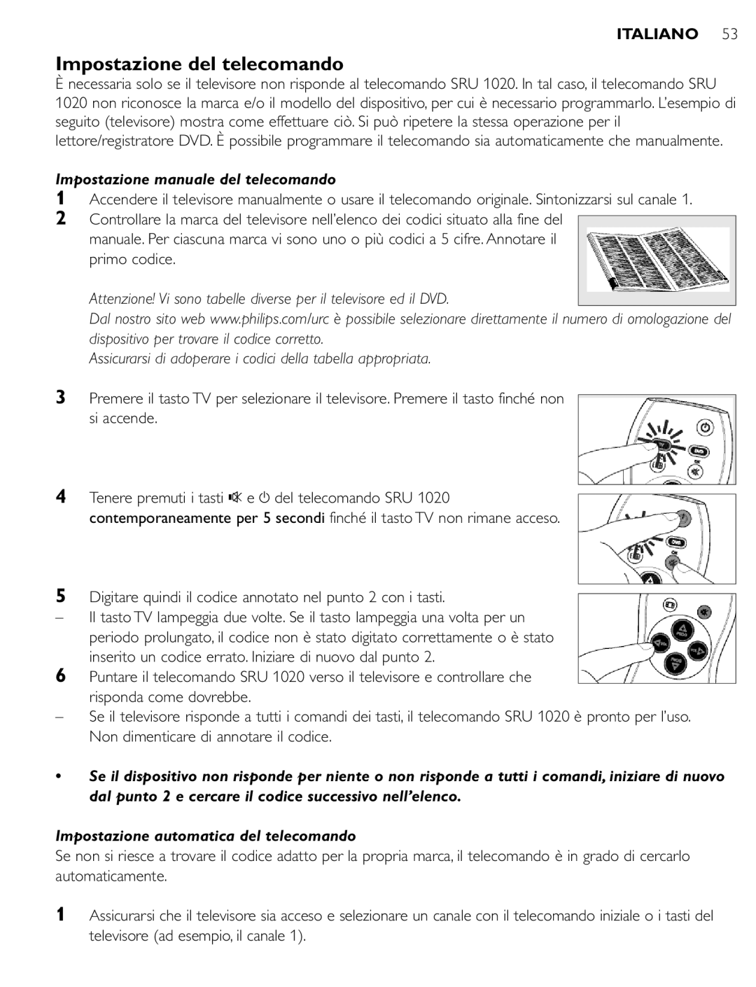 Philips SRU 1020 Impostazione del telecomando, Impostazione manuale del telecomando 