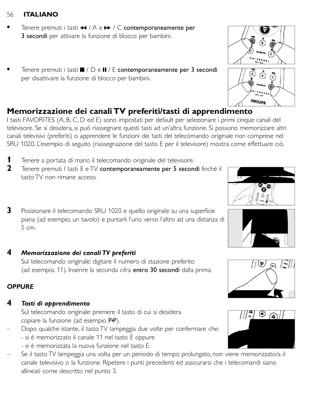 Philips SRU 1020 manual Memorizzazione dei canali TV preferiti, Tasti di apprendimento 