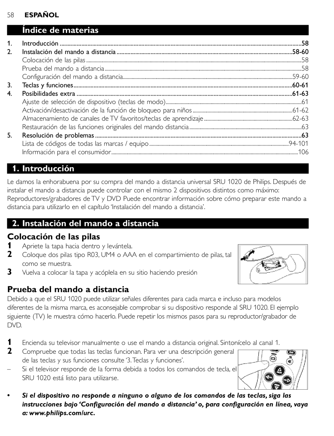 Philips SRU 1020 manual Índice de materias, Introducción, Instalación del mando a distancia, Colocación de las pilas 