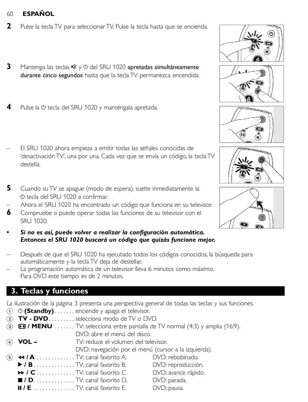 Philips SRU 1020 manual Teclas y funciones, TV reduce el volumen del televisor 