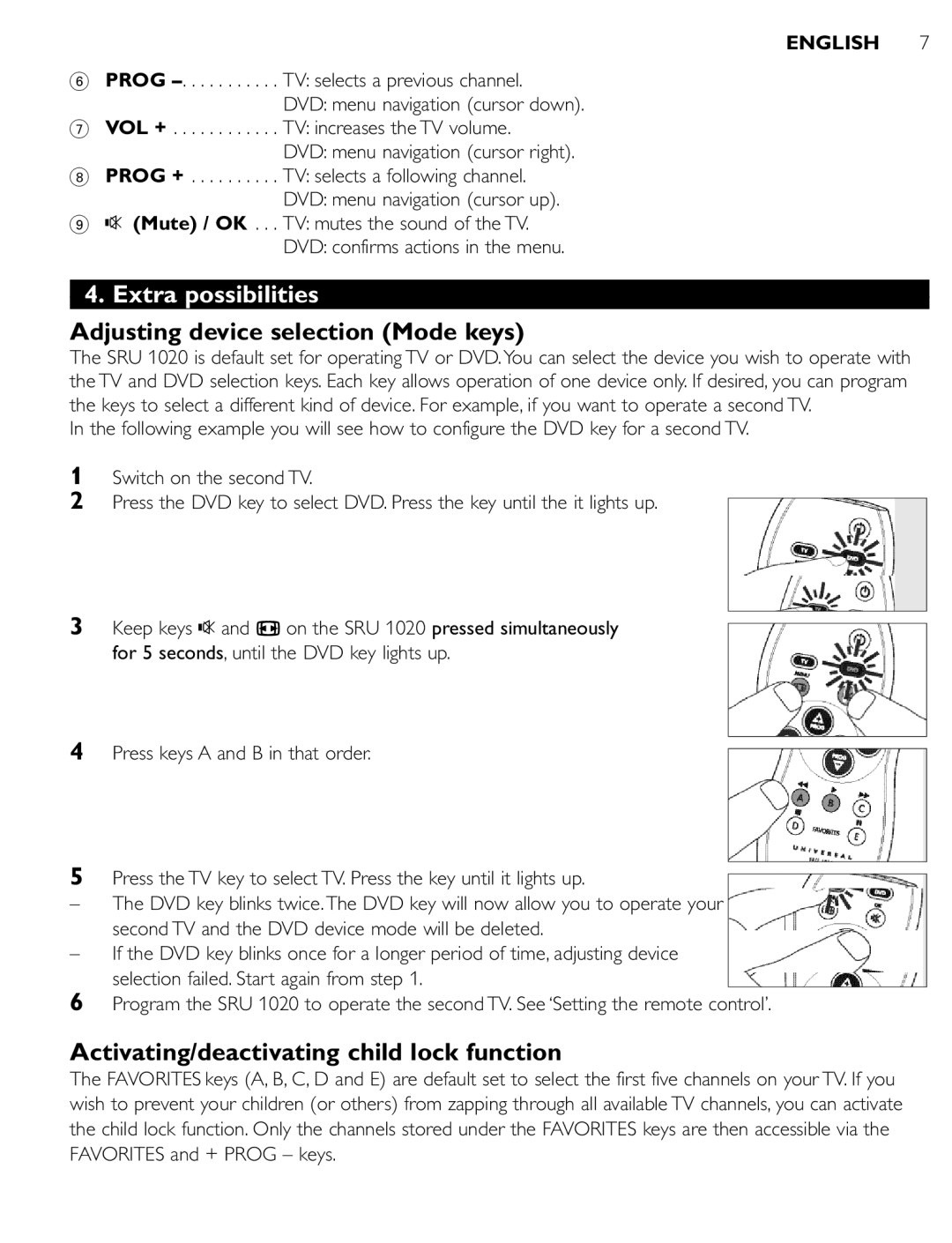 Philips SRU 1020 Extra possibilities, Adjusting device selection Mode keys, Activating/deactivating child lock function 