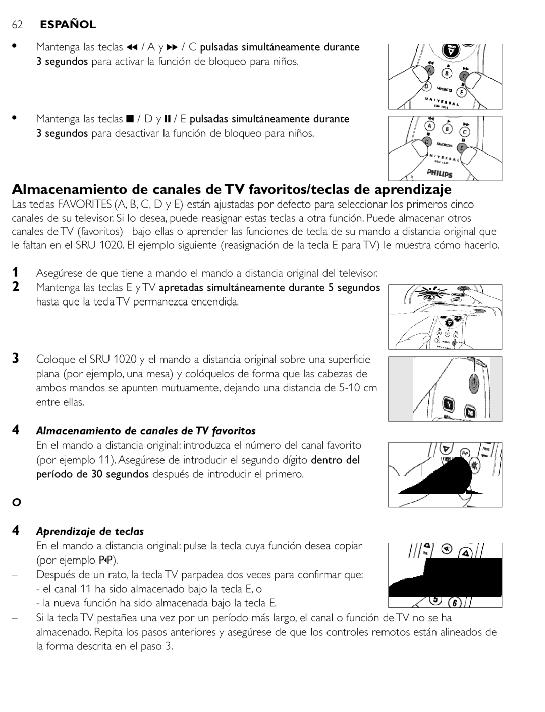 Philips SRU 1020 manual Almacenamiento de canales de TV favoritos, Aprendizaje de teclas 