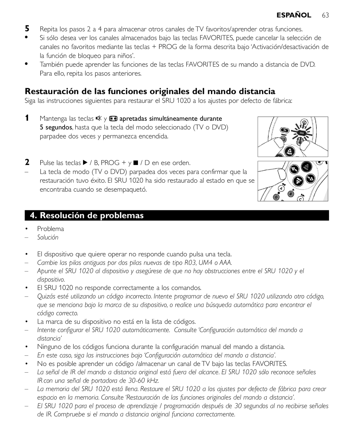 Philips manual Resolución de problemas, Solución, El SRU 1020 no responde correctamente a los comandos 