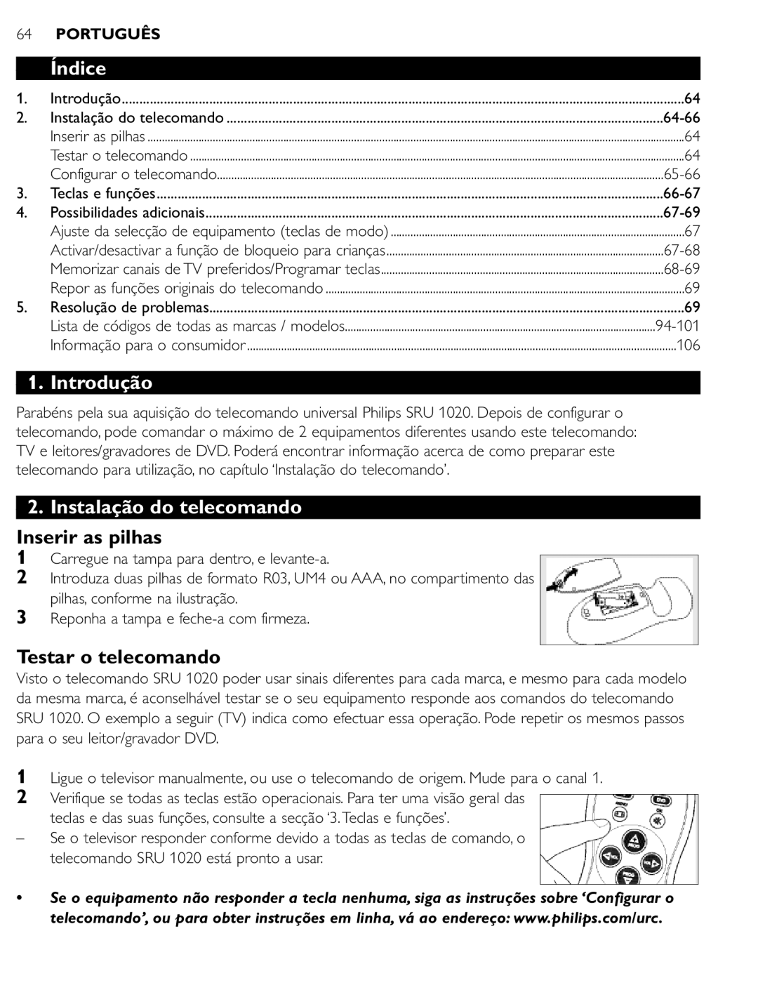 Philips SRU 1020 manual Índice, Introdução, Instalação do telecomando, Inserir as pilhas, Testar o telecomando 