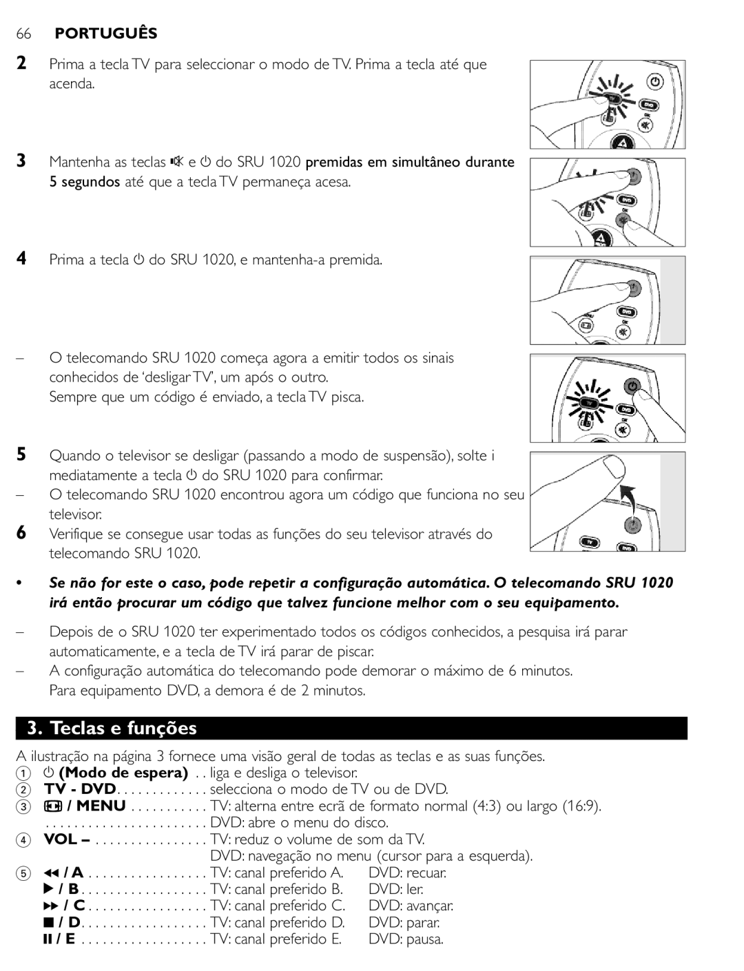 Philips SRU 1020 manual Teclas e funções, Selecciona o modo de TV ou de DVD, DVD abre o menu do disco 