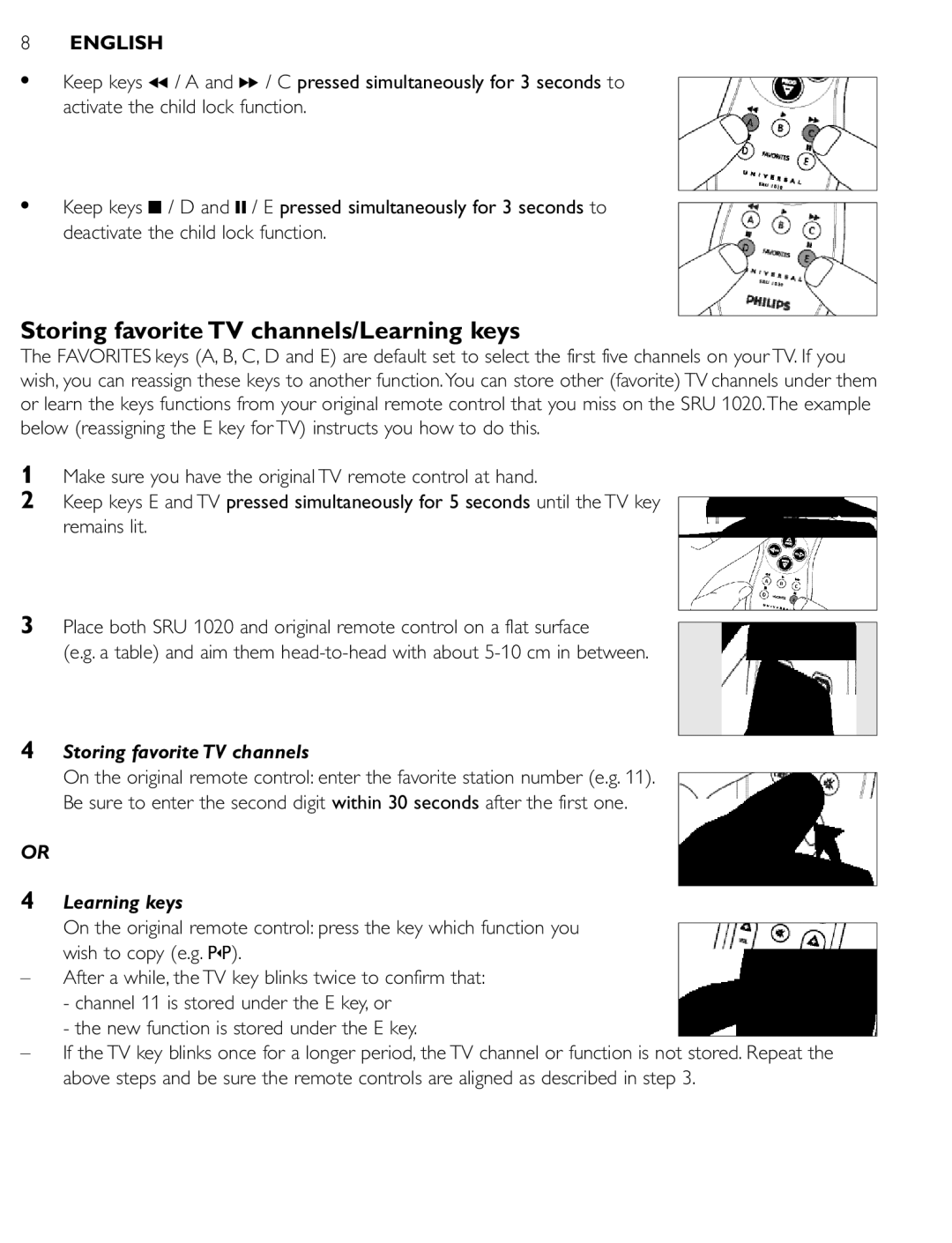 Philips SRU 1020 manual Storing favorite TV channels/Learning keys 