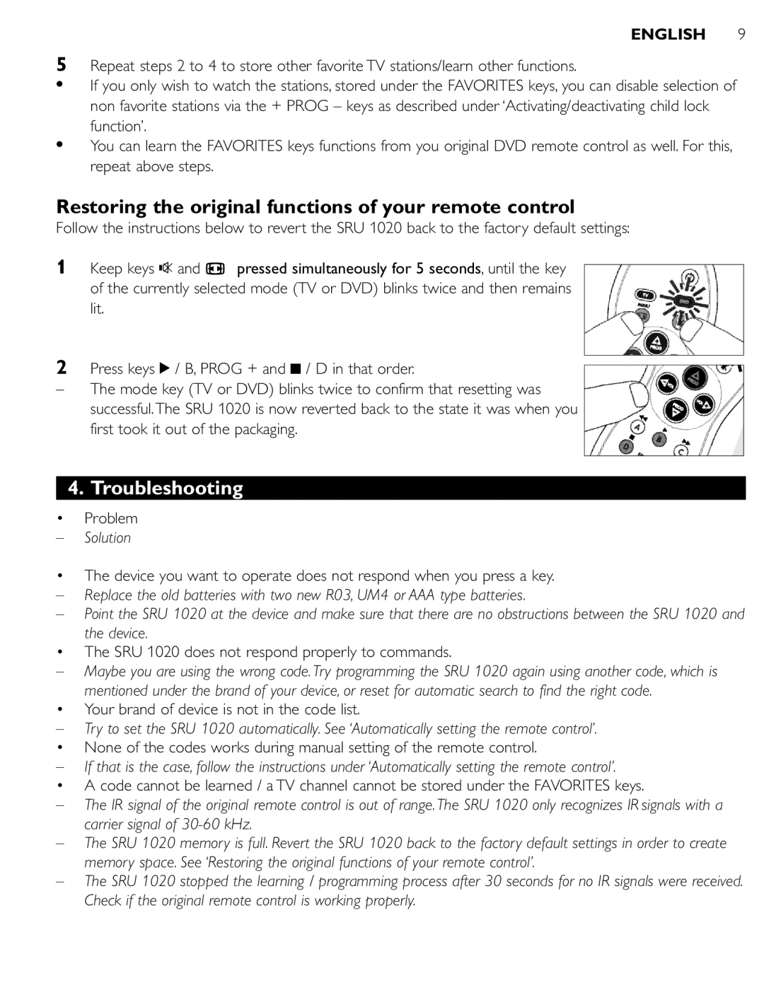 Philips SRU 1020 manual Restoring the original functions of your remote control, Troubleshooting, Solution 