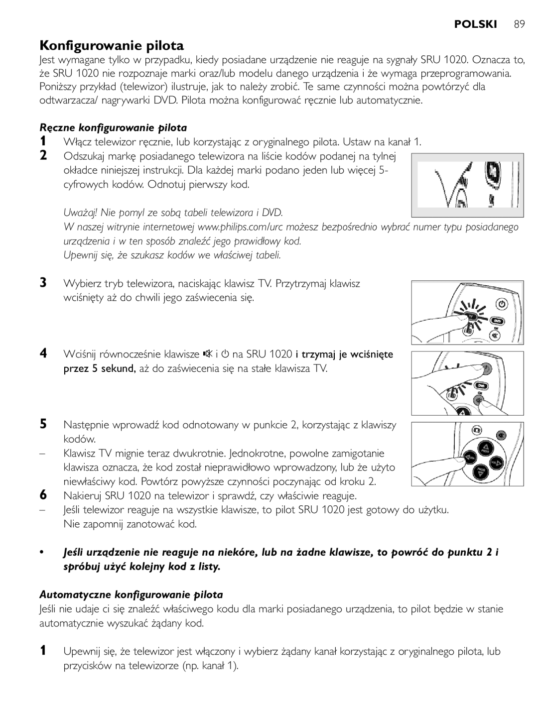 Philips SRU 1020 manual Konfigurowanie pilota, Ręczne konfigurowanie pilota 