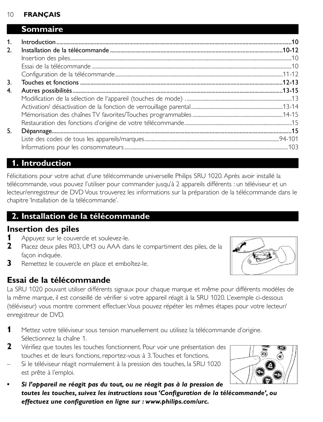 Philips SRU 1020 manual Sommaire, Installation de la télécommande, Insertion des piles, Essai de la télécommande 