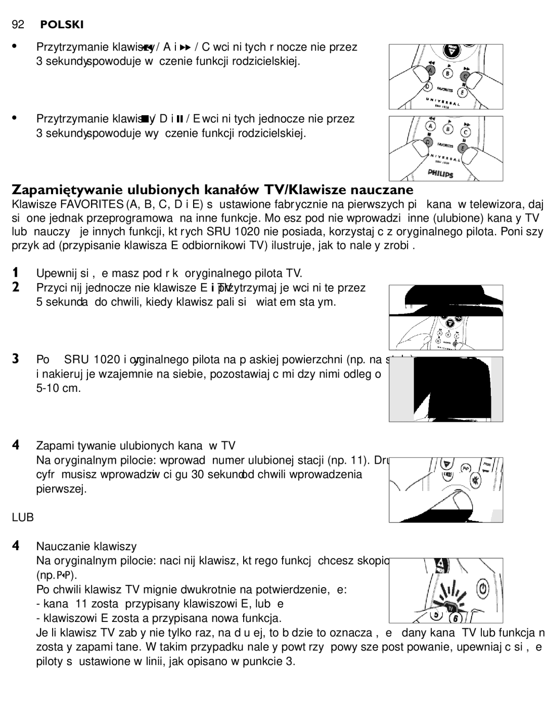 Philips SRU 1020 manual Zapamiętywanie ulubionych kanałów TV/Klawisze nauczane, 10 cm, Nauczanie klawiszy 