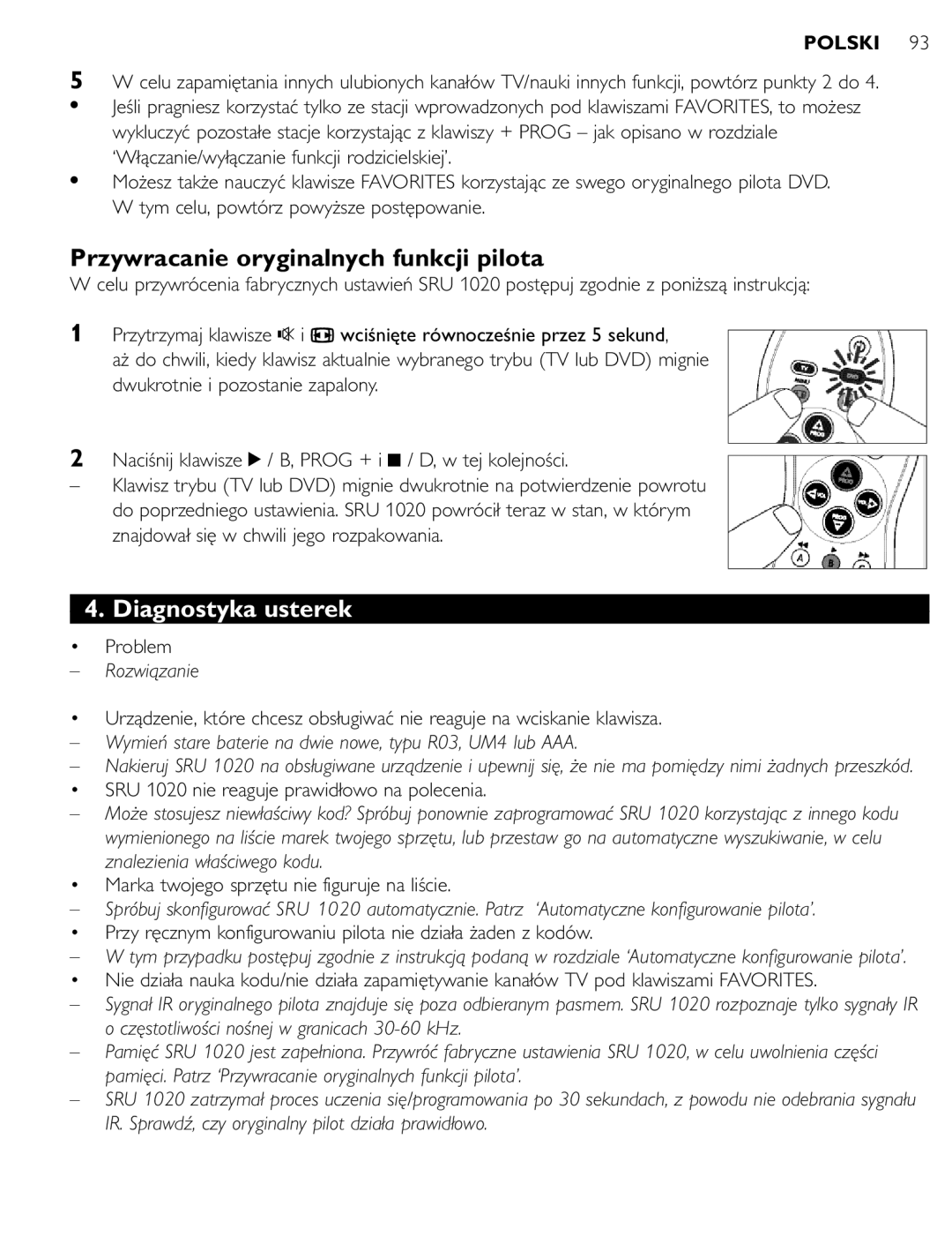 Philips SRU 1020 manual Przywracanie oryginalnych funkcji pilota, Diagnostyka usterek, Rozwiązanie 