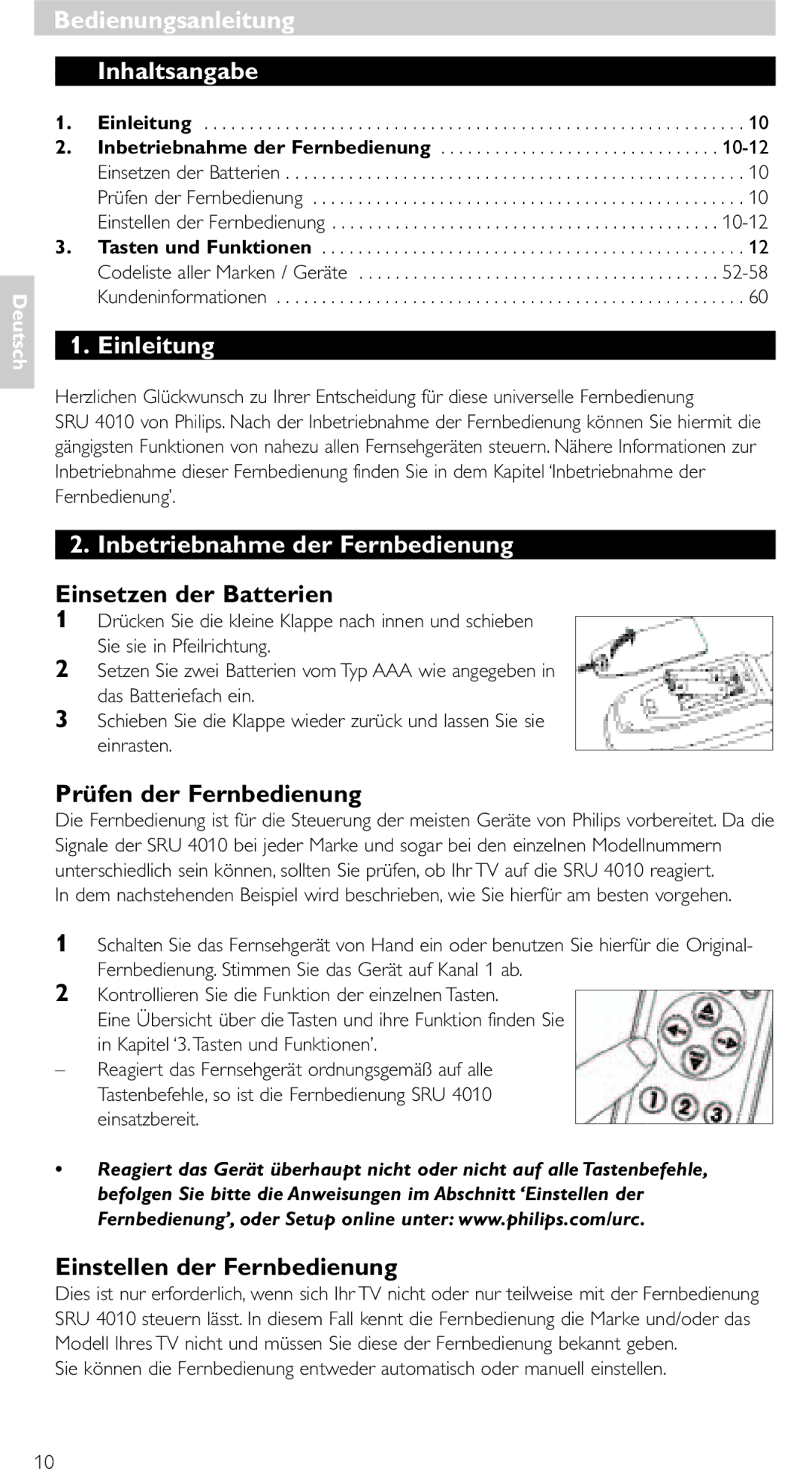 Philips SRU 4010/10 manual Bedienungsanleitung Inhaltsangabe, Einleitung, Inbetriebnahme der Fernbedienung 