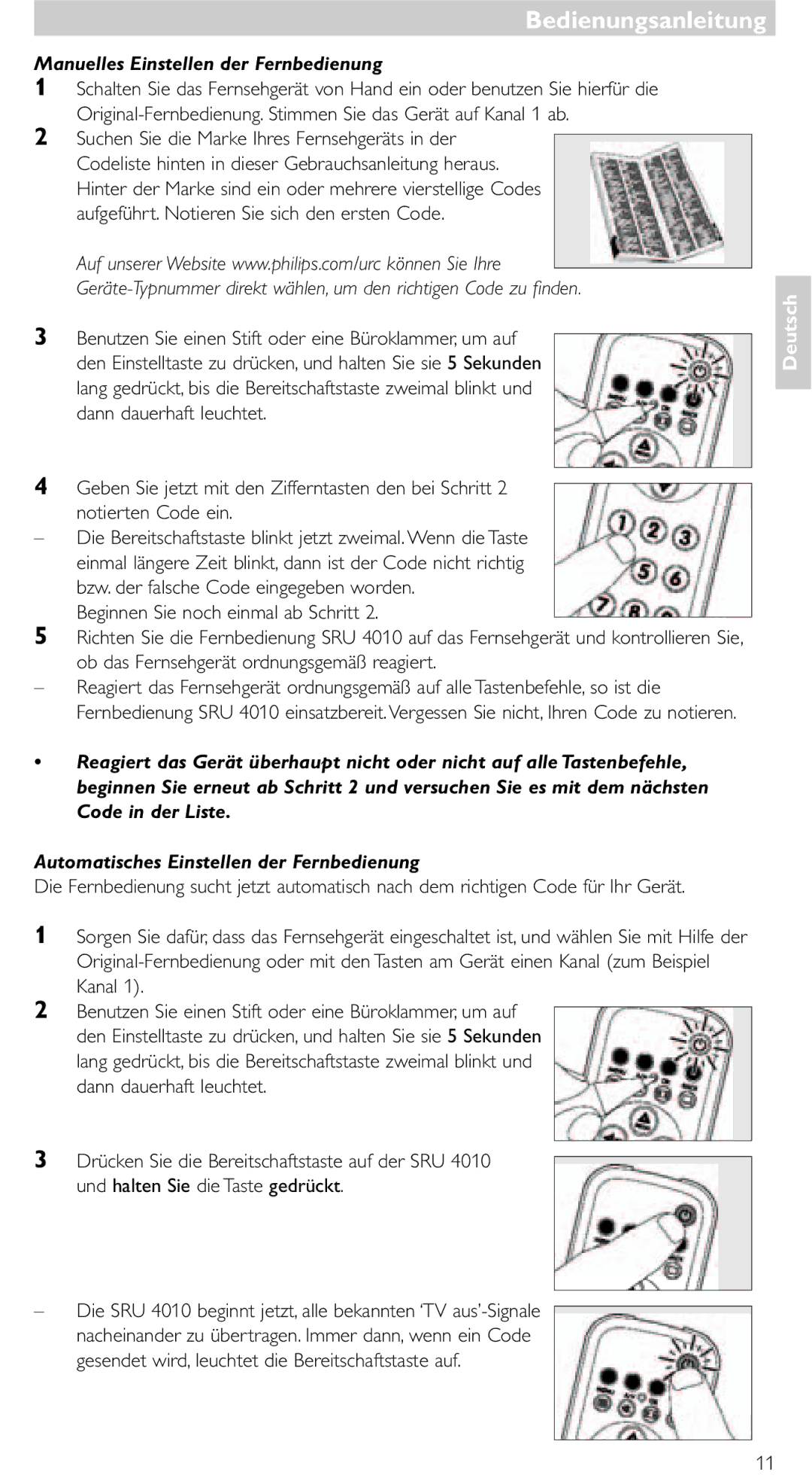 Philips SRU 4010/10 manual Bedienungsanleitung, Manuelles Einstellen der Fernbedienung 