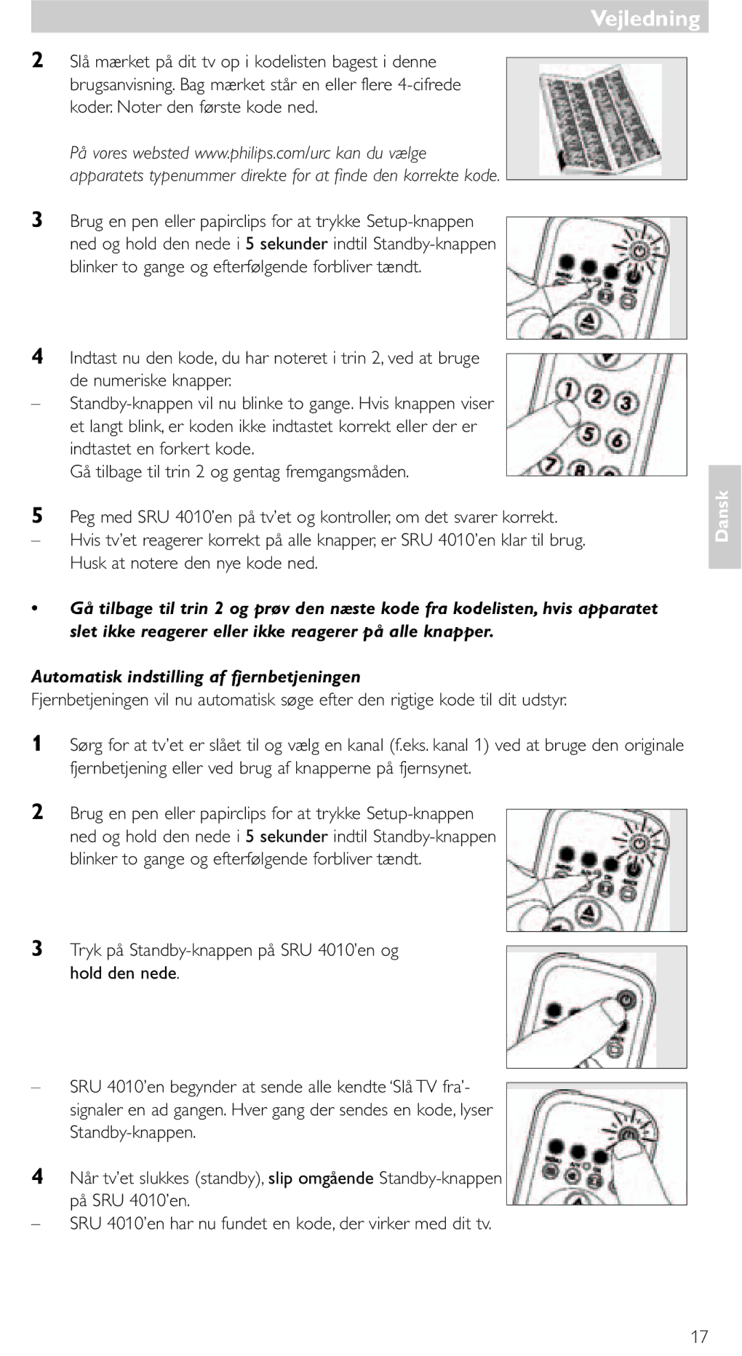 Philips SRU 4010/10 manual Vejledning, Automatisk indstilling af fjernbetjeningen 