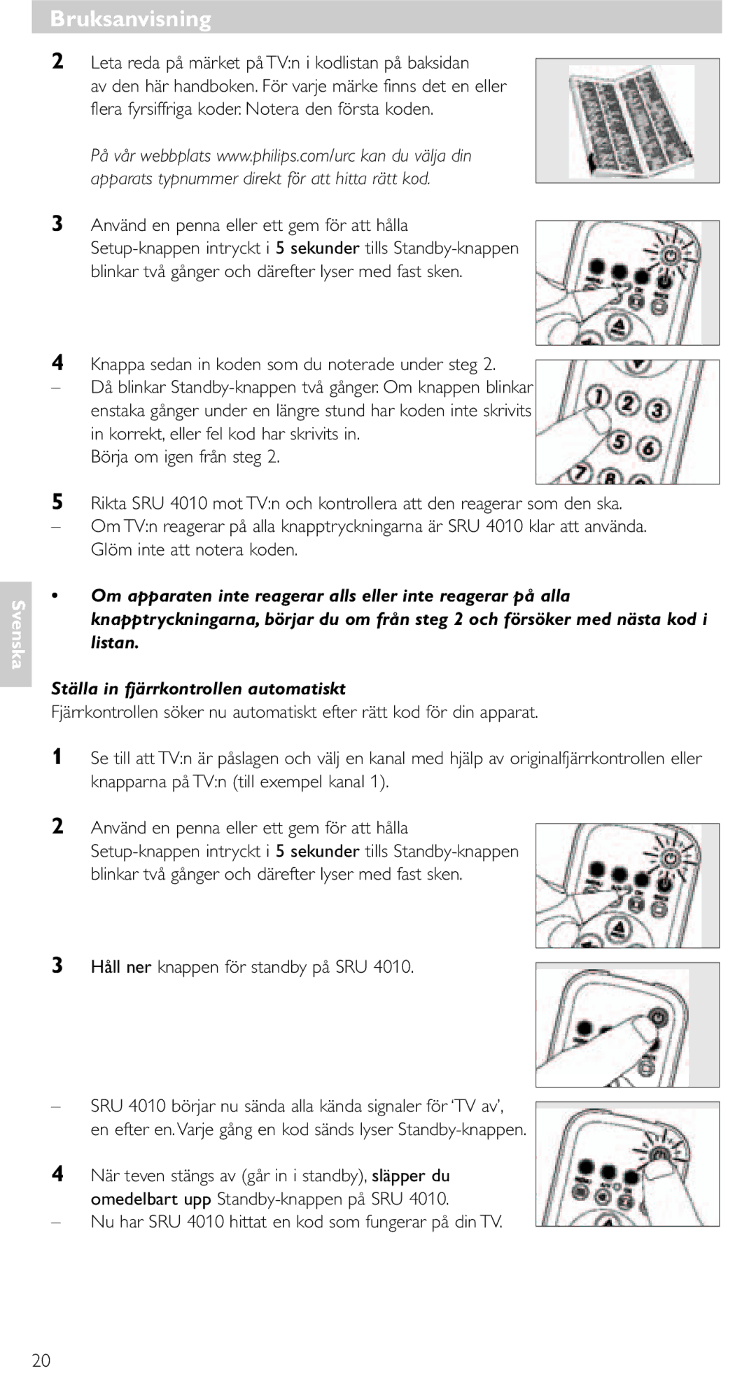 Philips SRU 4010/10 manual Bruksanvisning, Leta reda på märket på TVn i kodlistan på baksidan 