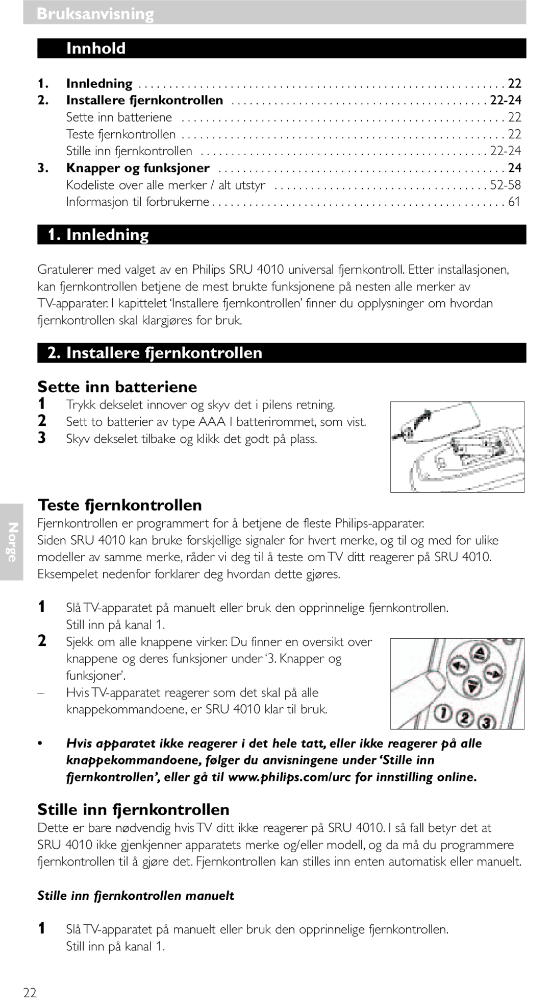 Philips SRU 4010/10 manual Bruksanvisning Innhold, Innledning, Installere fjernkontrollen 