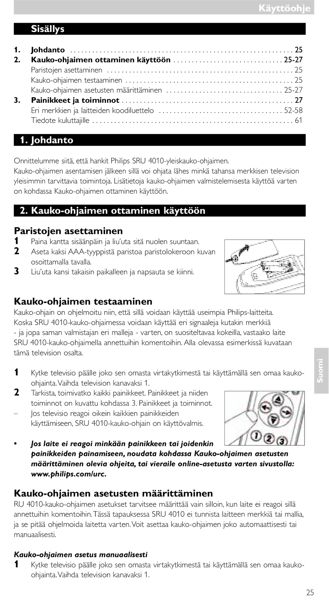 Philips SRU 4010/10 manual Käyttöohje, Sisällys, Johdanto, Kauko-ohjaimen ottaminen käyttöön 