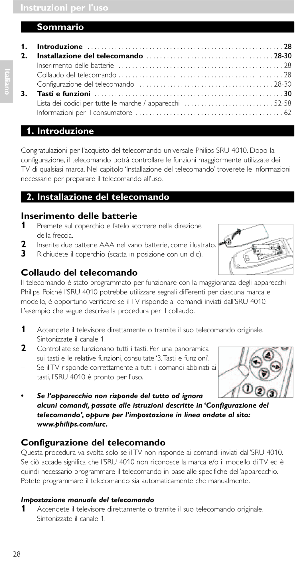 Philips SRU 4010/10 manual Instruzioni per luso Sommario, Introduzione, Installazione del telecomando 