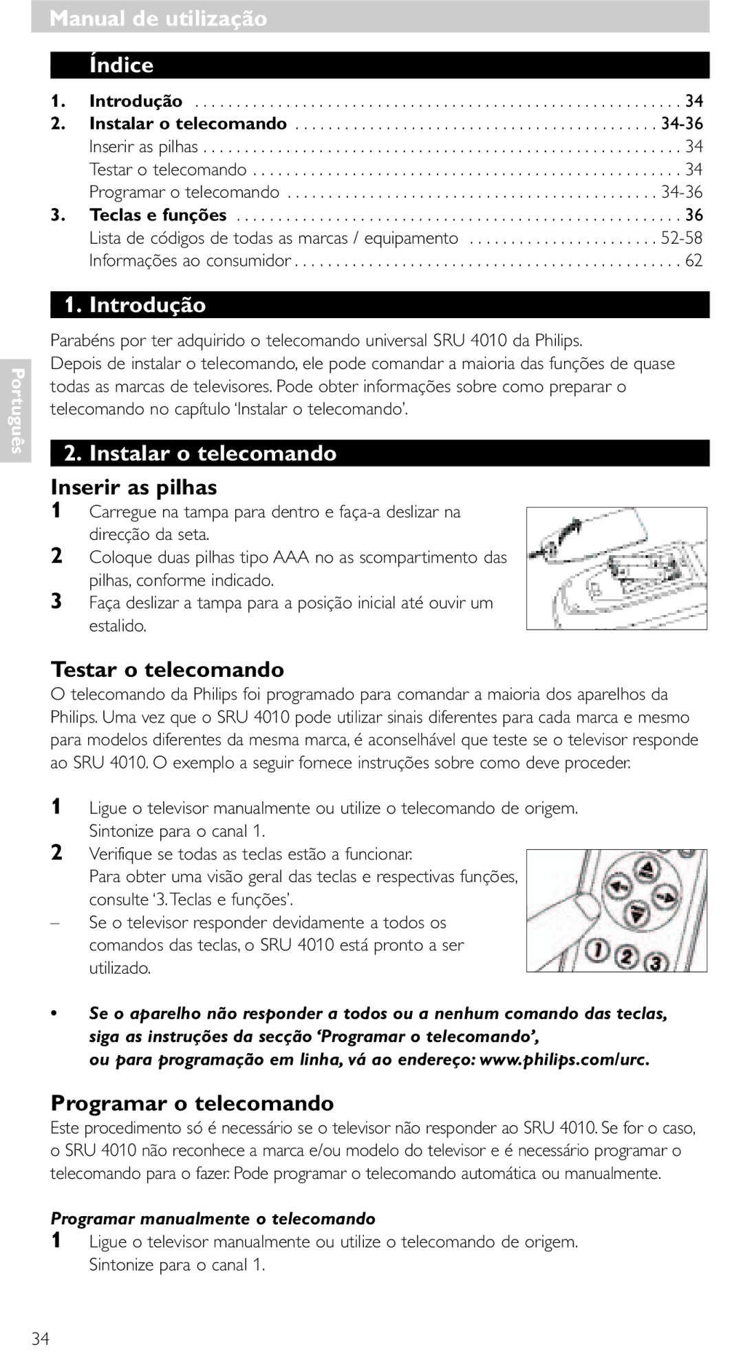 Philips SRU 4010/10 manual Manual de utilização Índice, Introdução, Instalar o telecomando 