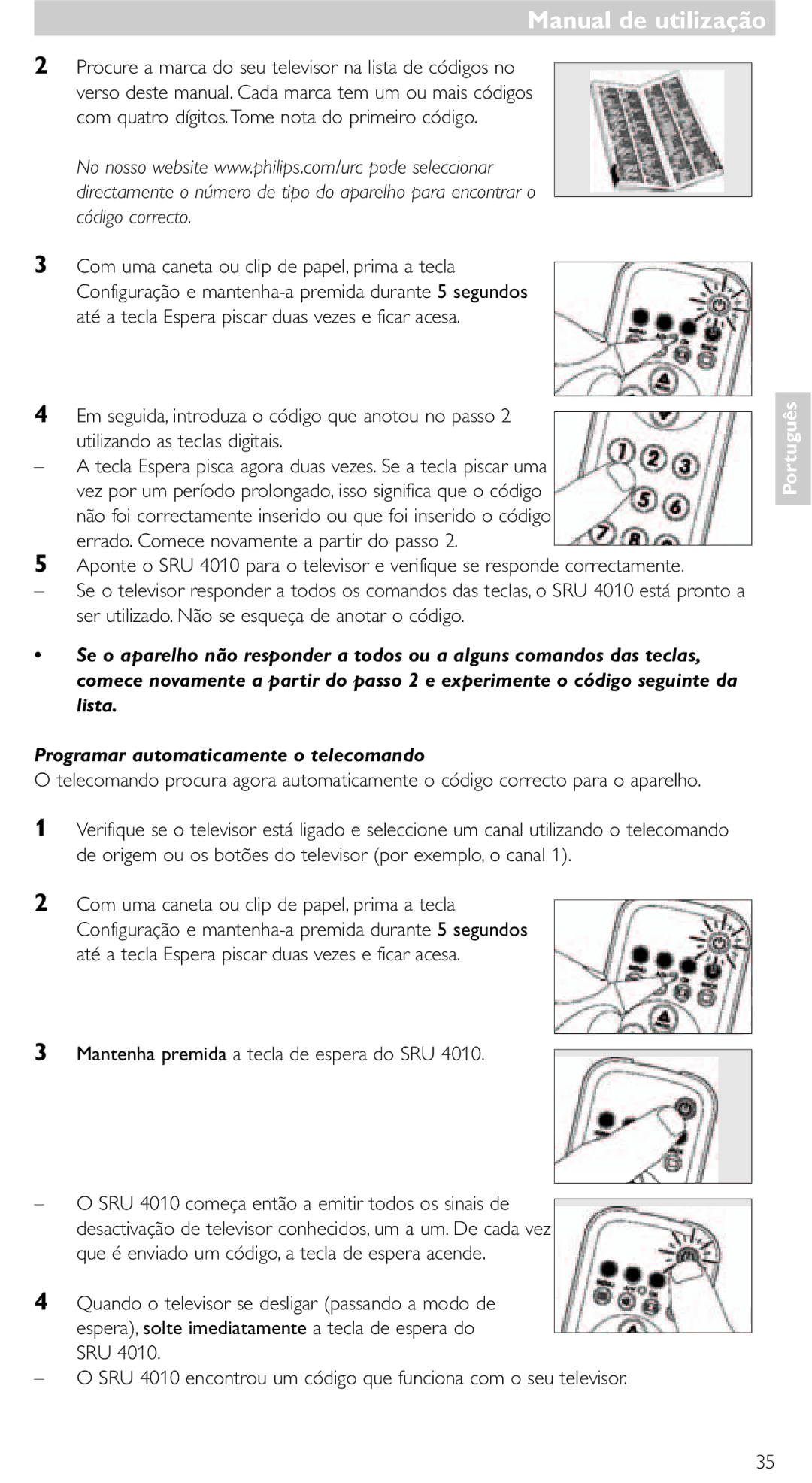 Philips SRU 4010/10 manual Manual de utilização, Programar automaticamente o telecomando 