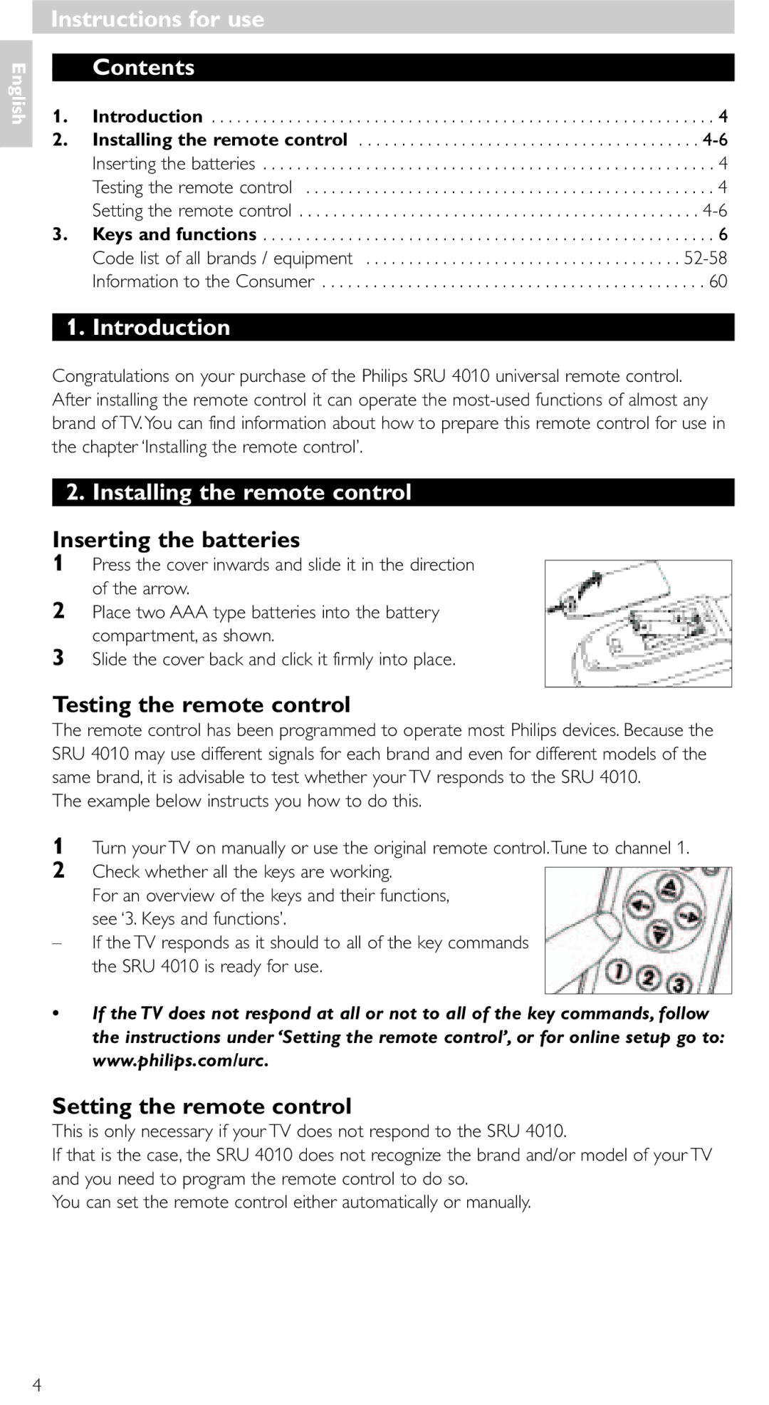 Philips SRU 4010/10 manual Instructions for use Contents, Introduction, Installing the remote control 