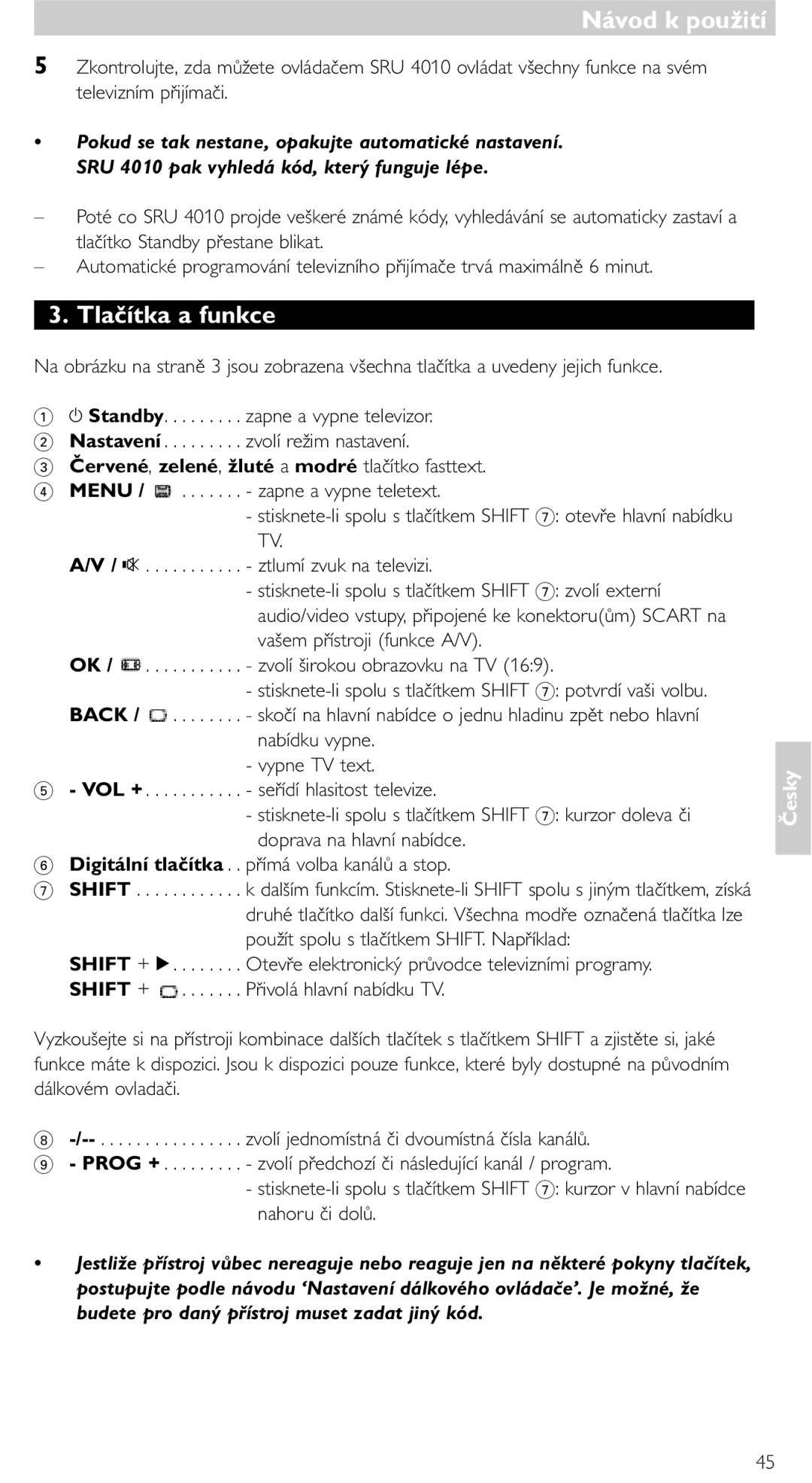 Philips SRU 4010/10 manual Tlačítka a funkce, Červené, zelené, žluté a modré tlačítko fasttext 