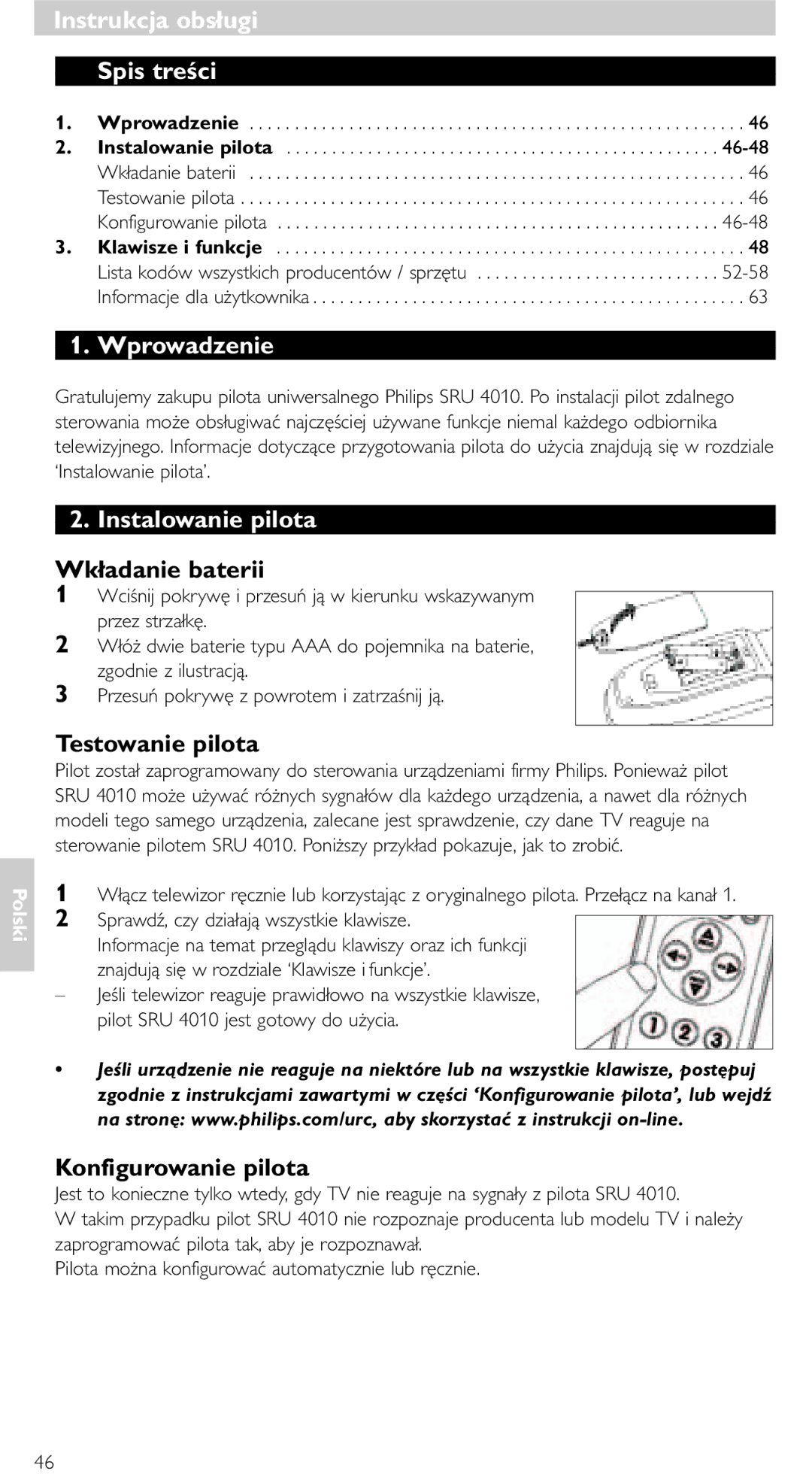 Philips SRU 4010/10 manual Instrukcja obsługi Spis treści, Wprowadzenie, Instalowanie pilota 