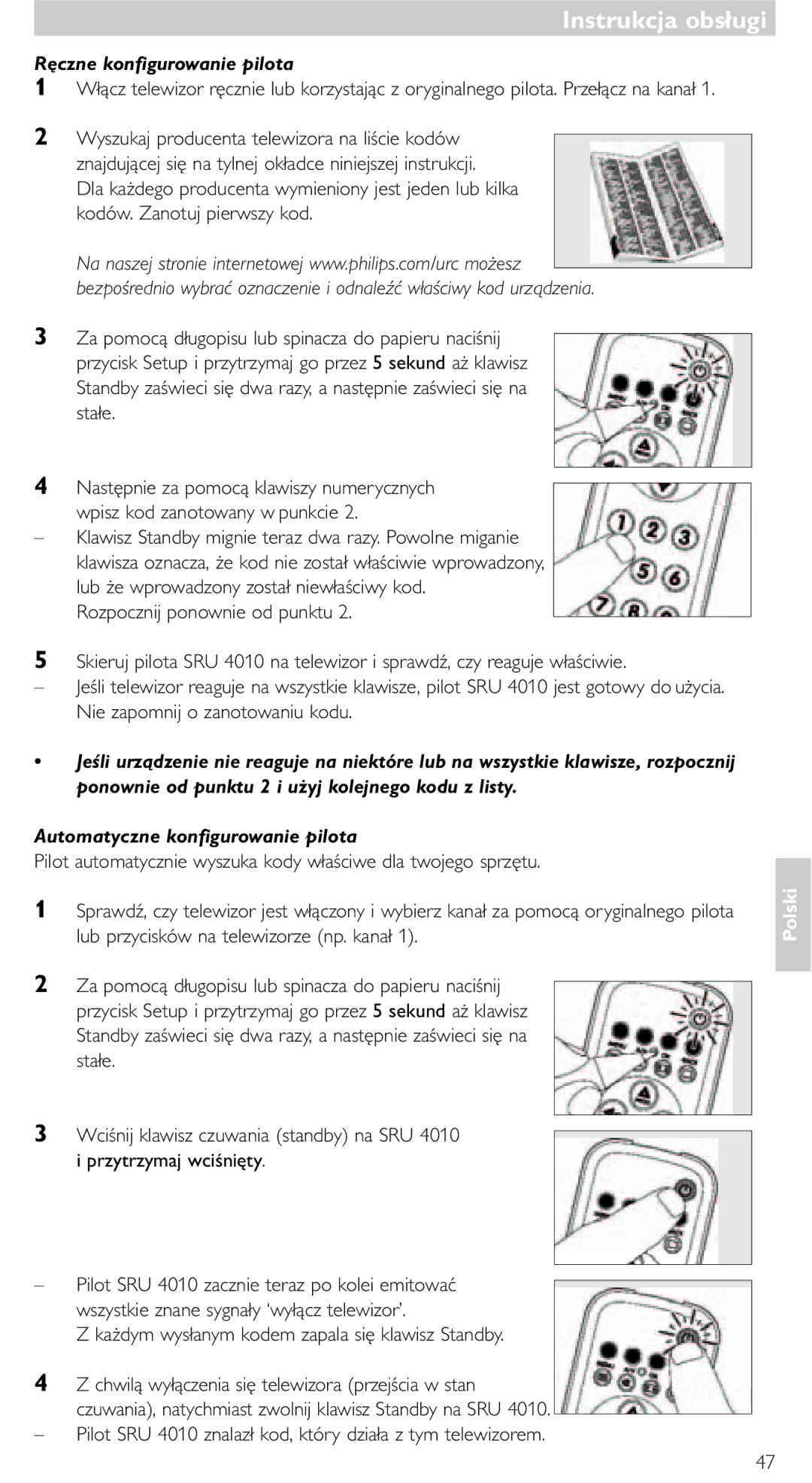 Philips SRU 4010/10 manual Instrukcja obsługi, Ręczne konfigurowanie pilota, Automatyczne konfigurowanie pilota 