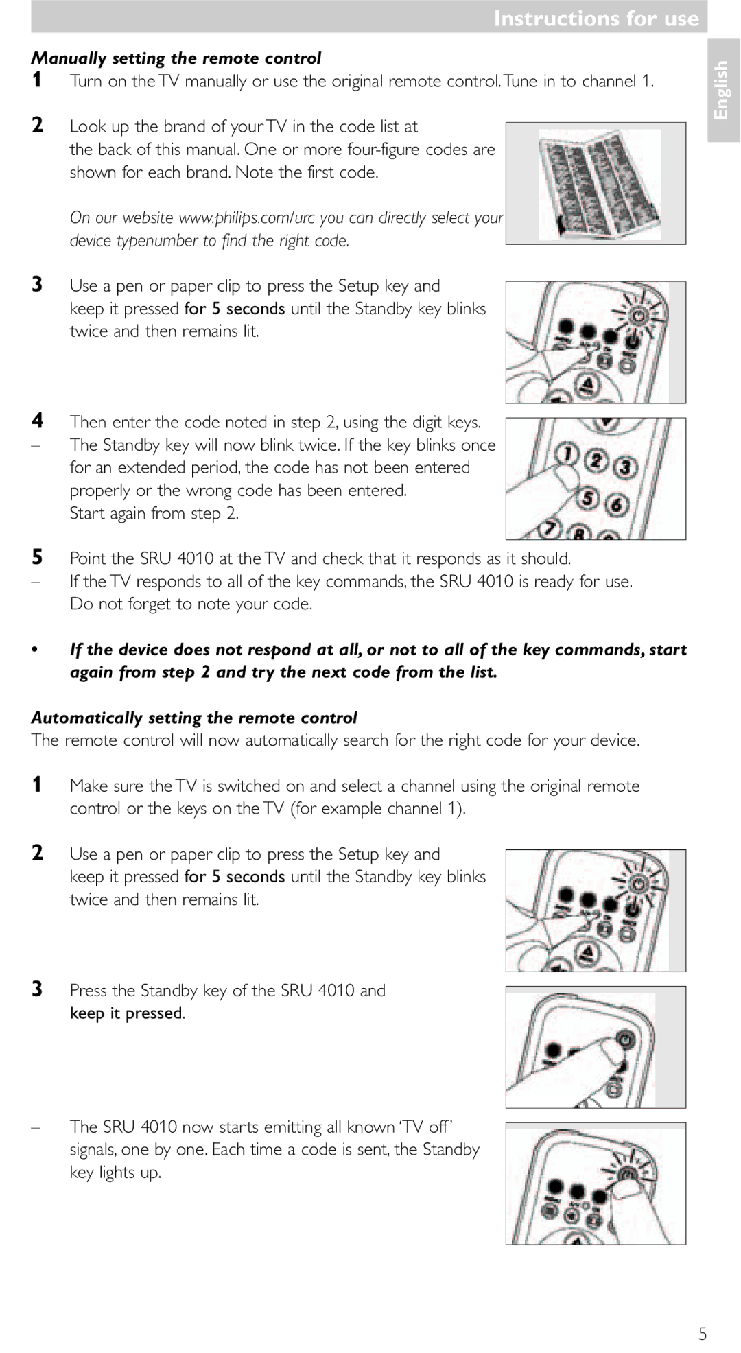 Philips SRU 4010/10 Instructions for use, Manually setting the remote control, Automatically setting the remote control 