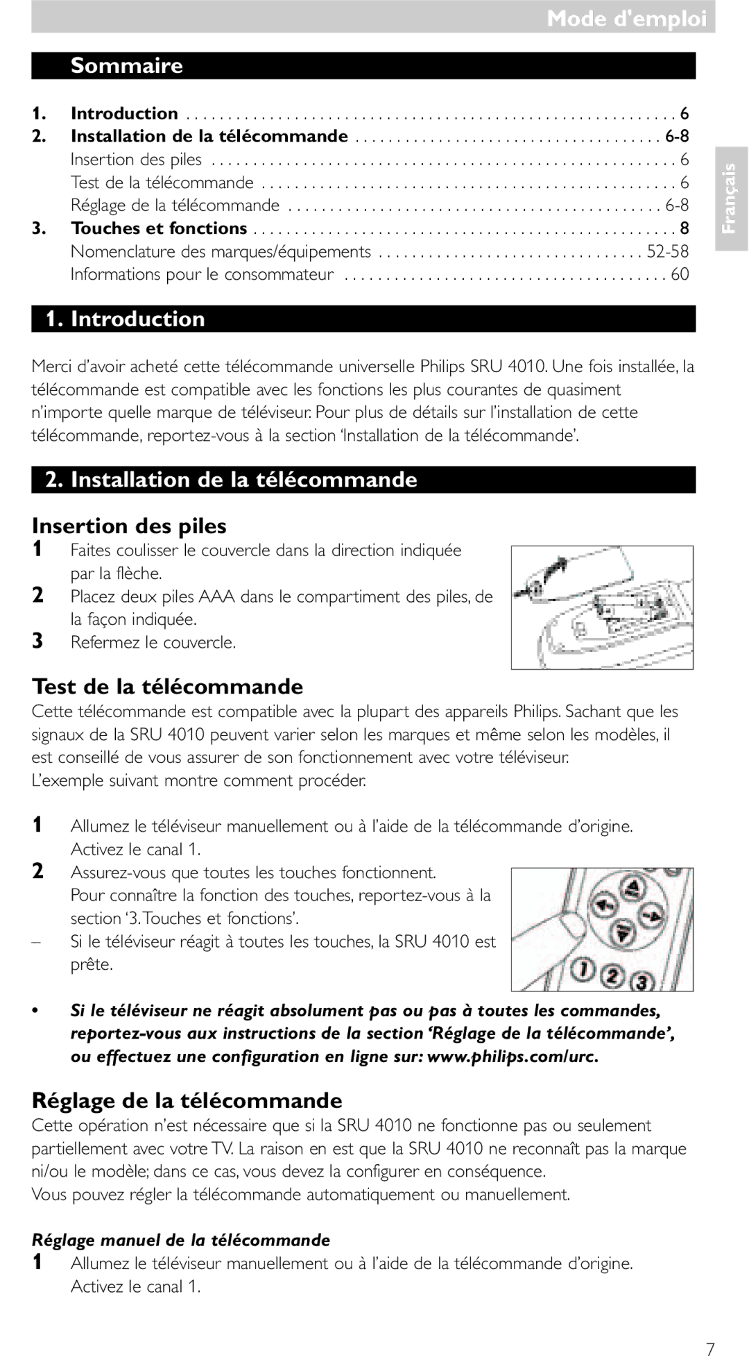 Philips SRU 4010/10 Mode demploi Sommaire, Installation de la télécommande, Insertion des piles, Test de la télécommande 