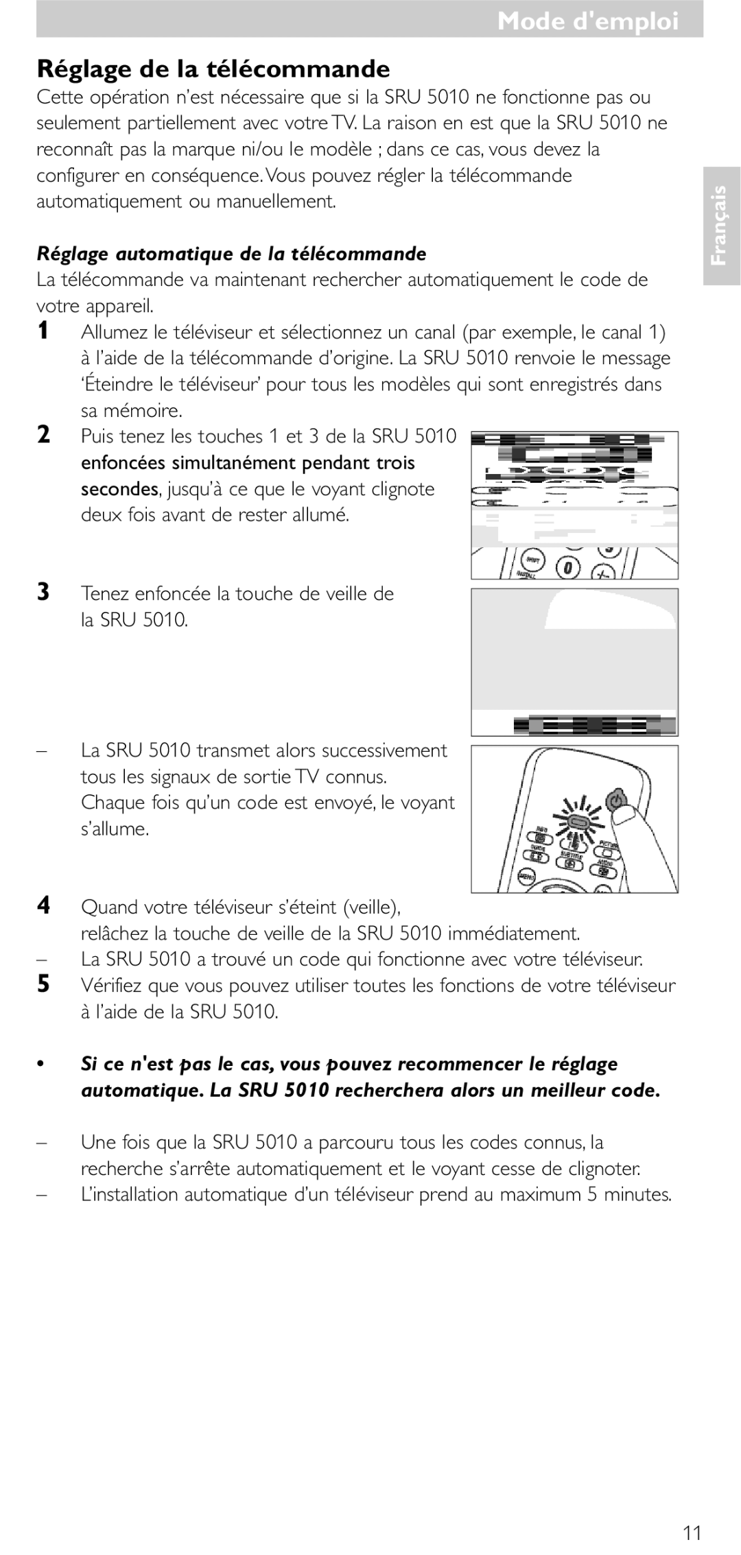 Philips SRU 5010 86 manual Mode demploi, Réglage de la télécommande, Réglage automatique de la télécommande 