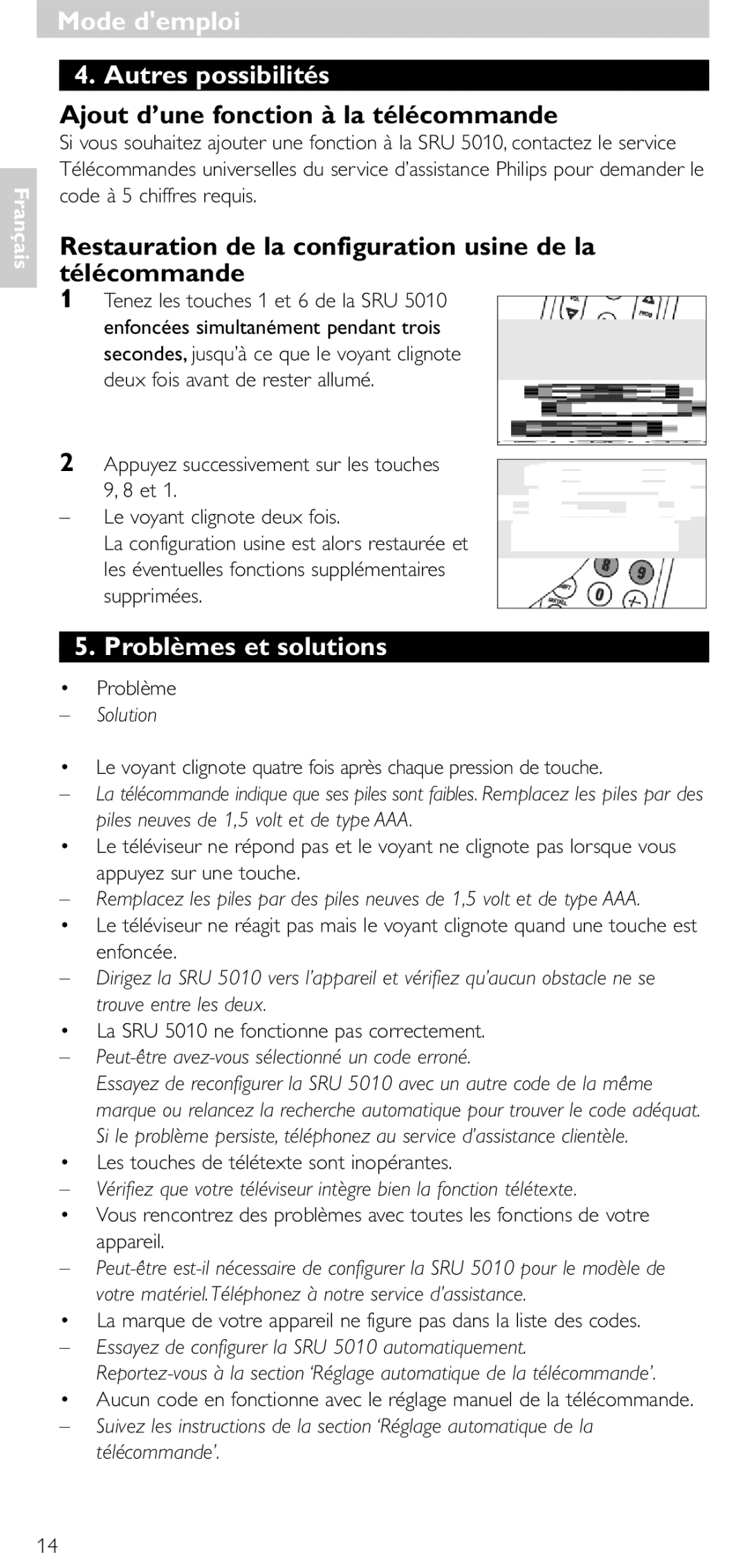 Philips SRU 5010 86 Mode demploi’ Autres possibilités, Ajout d’une fonction à la télécommande, Problèmes et solutions 