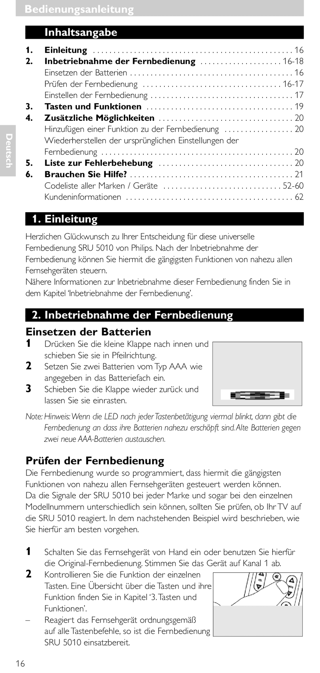 Philips SRU 5010 86 Bedienungsanleitung Bedienungsanleitung Inhaltsangabe, Einleitung, Inbetriebnahme der Fernbedienung 