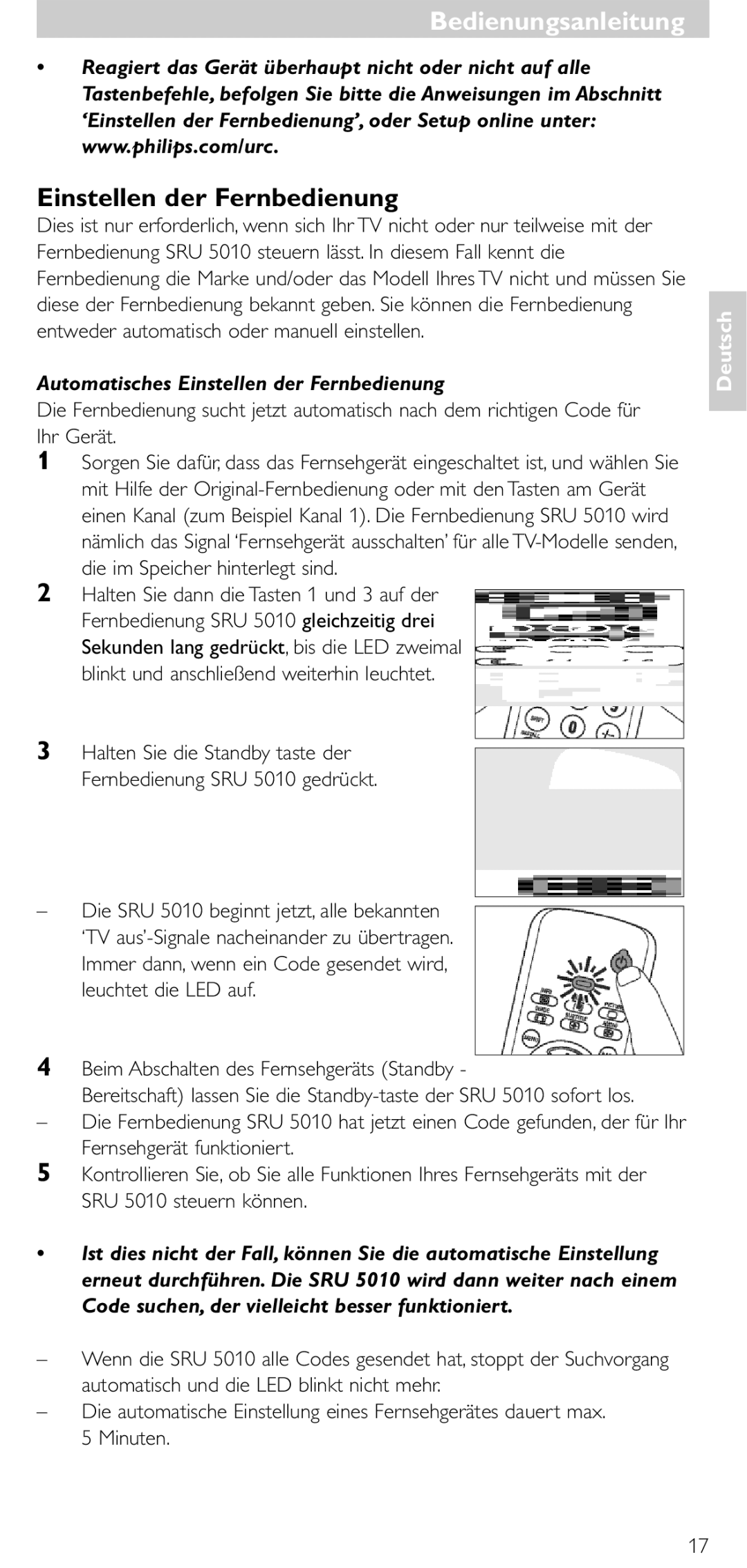 Philips SRU 5010 86 manual Bedienungsanleitung Bedienungsanleitung, Einstellen der Fernbedienung 