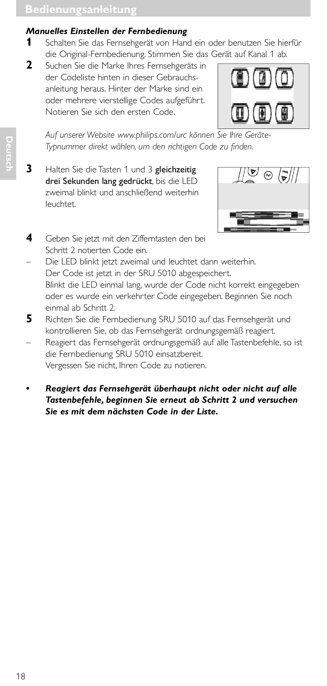 Philips SRU 5010 86 manual Manuelles Einstellen der Fernbedienung, Vergessen Sie nicht, Ihren Code zu notieren 