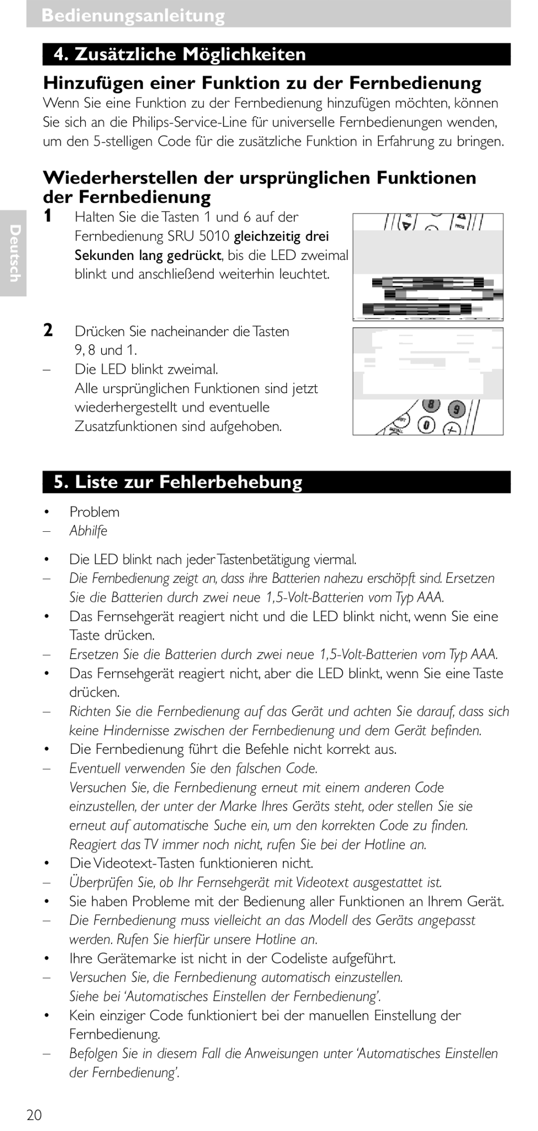 Philips SRU 5010 86 manual Hinzufügen einer Funktion zu der Fernbedienung, Liste zur Fehlerbehebung, Abhilfe 