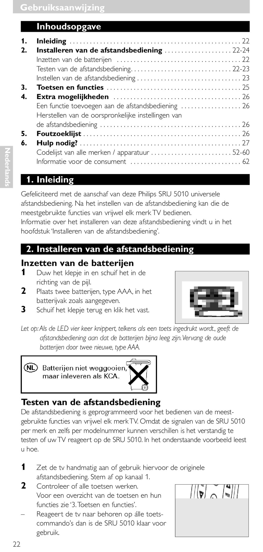 Philips SRU 5010 86 GebruiksaanwijzingGebruiksaanwijzing Inhoudsopgave, Inleiding, Installeren van de afstandsbediening 