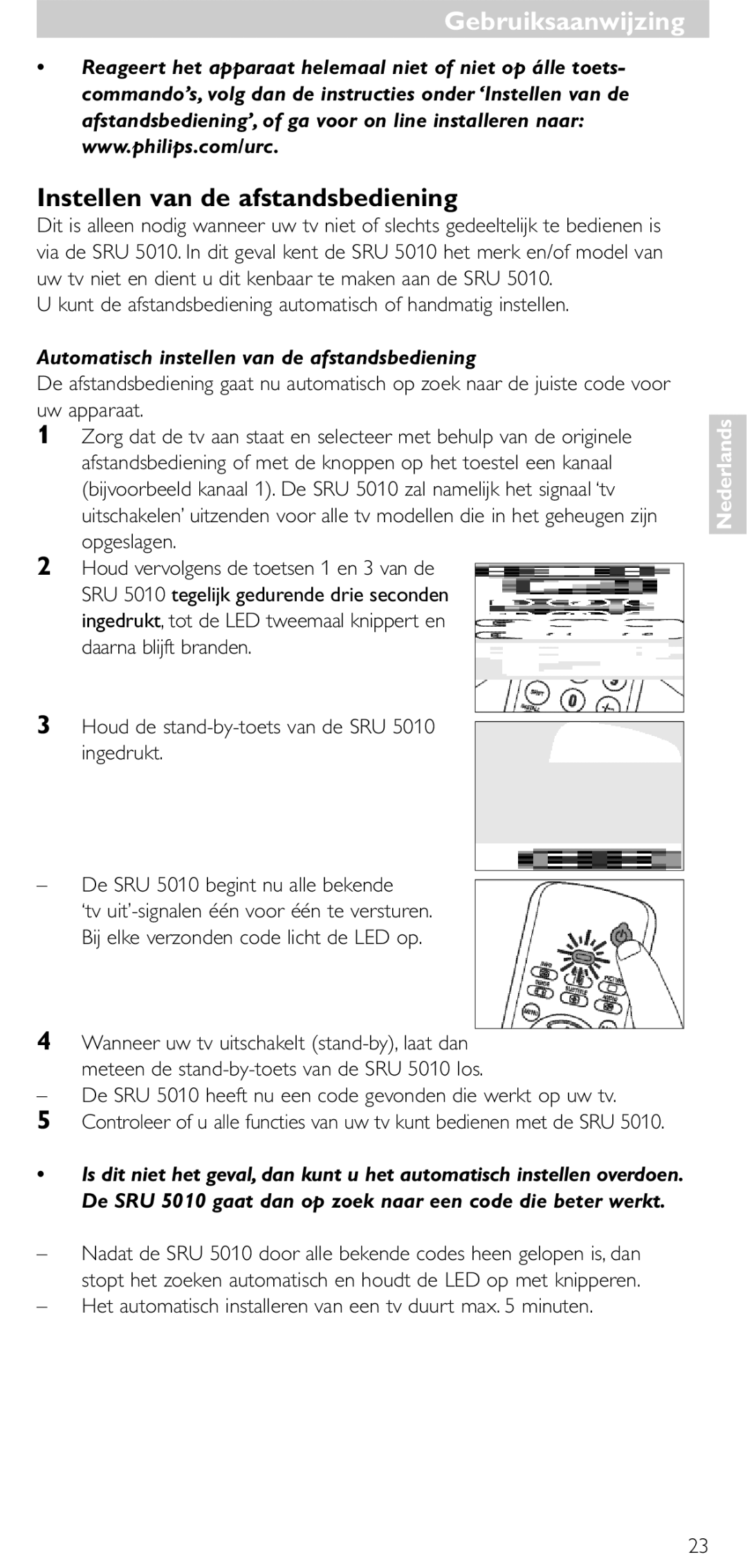 Philips SRU 5010 86 Gebruiksaanwijzing, Instellen van de afstandsbediening, Automatisch instellen van de afstandsbediening 